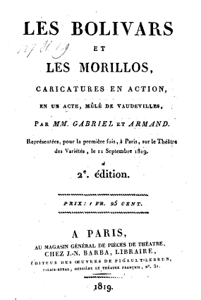 Couverture de la 2e édition de la pièce Les bolivars et les morillos (1819)